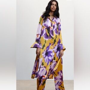 NWT MANGO MNG FLORAL CO ORD SATIN SET SHIRT DRESS PANT SET SZ 2 S